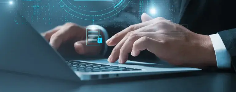 a blue background with a light shining on it and a person writing on a notebook