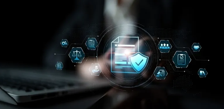 Digital security icons including a shield with checkmark, documents, and legal symbols over a blurred laptop background.