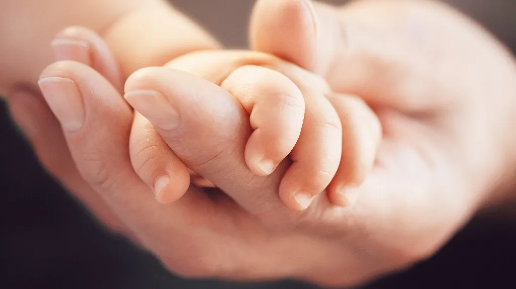 Close-up of an adult hand gently holding a newborn baby's hand with soft lighting.