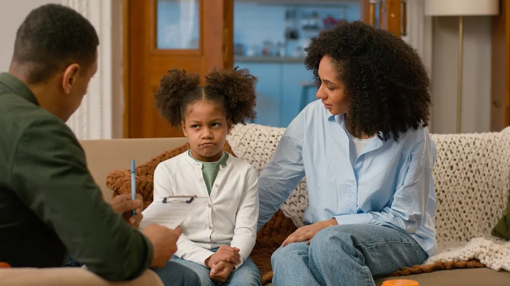 A young girl with pigtails sitting between two adults on a couch, one holding a clipboard.