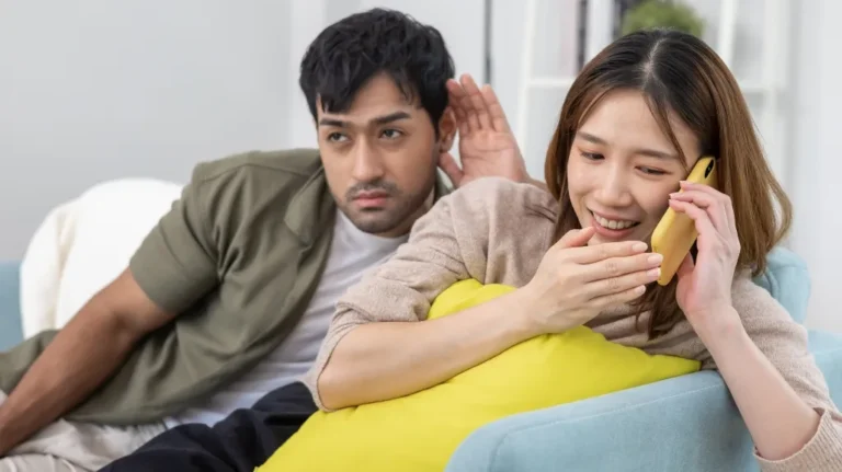 A woman smiling and talking on a yellow phone while a man listens intently beside her on a light blue couch.
