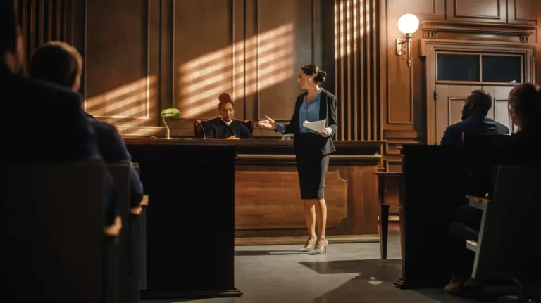 Female attorney presenting a case in a wood-paneled courtroom with judge and spectators.