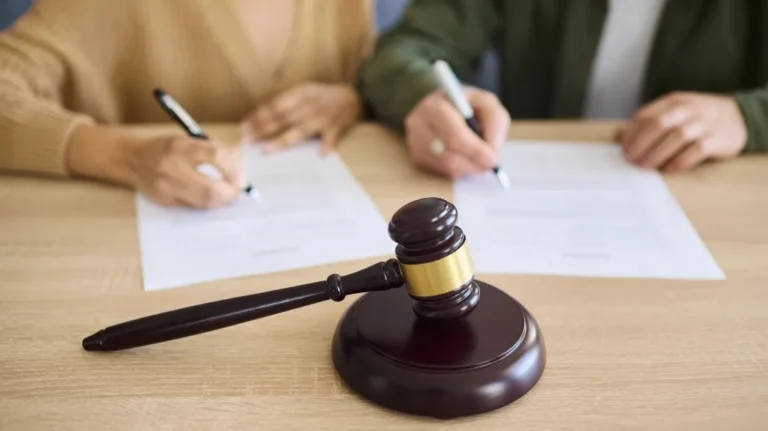 Wooden judge's gavel in foreground with two people signing documents in background.
