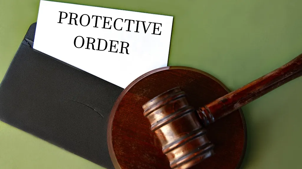 Wooden judge's gavel resting on sound block beside black folder labeled "Protective Order" on green surface.