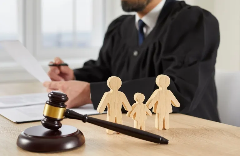 Wooden family figures and judge's gavel on desk with judge in black robe reviewing documents.